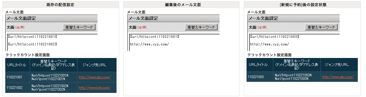 クリックカウント設定済み配信予約の新規予約および予約変更の挙動について